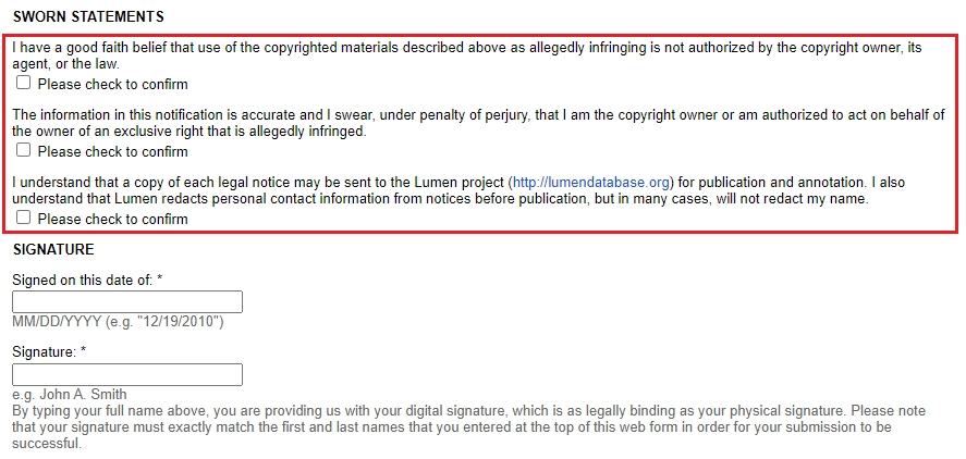 google copyright claim sworn statements