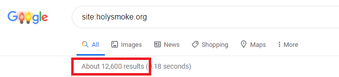 holysmoke.org number of indexed pages