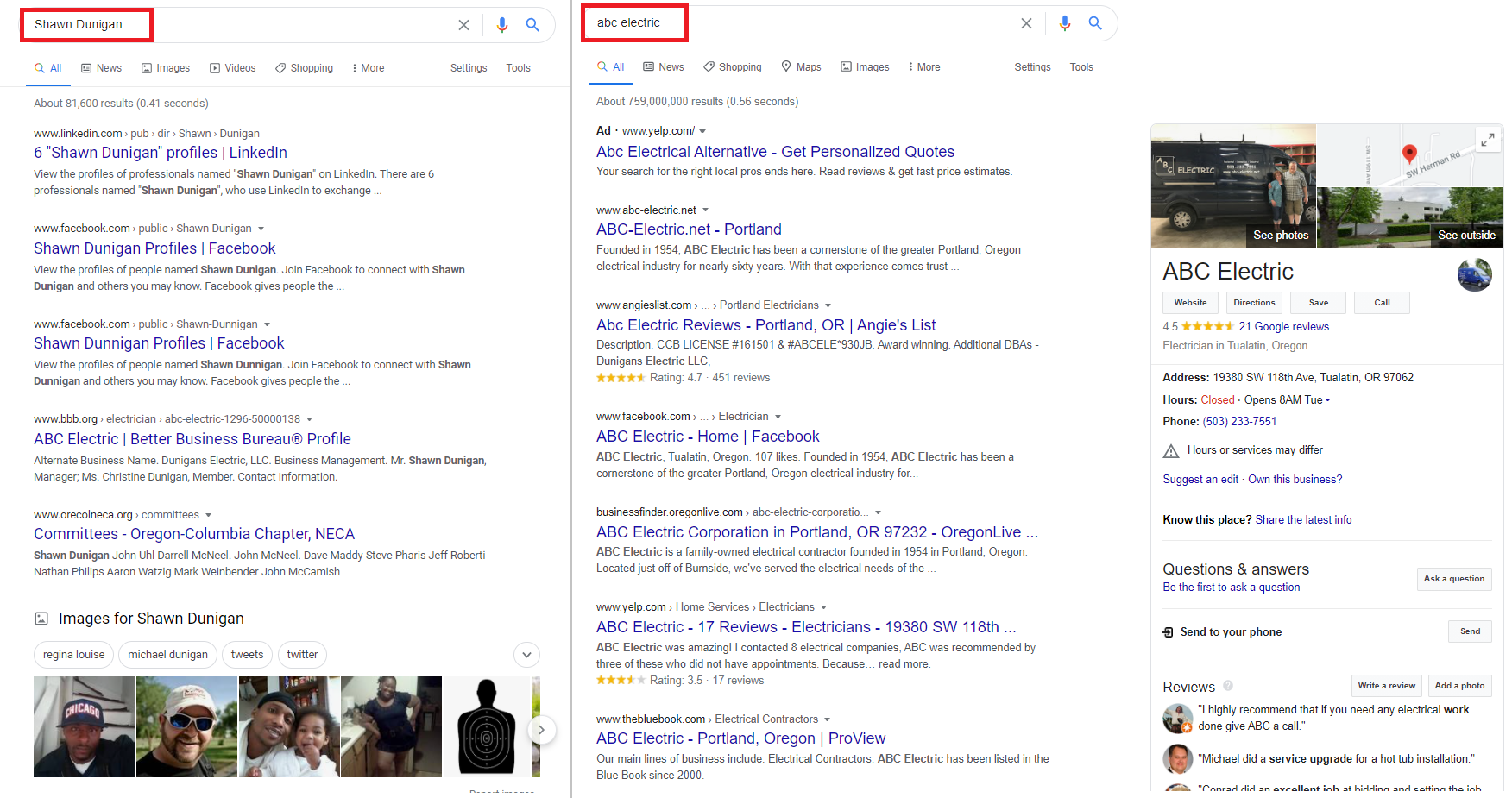 comparison of business and personal google search results