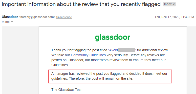 glassdoor review DOES meet our guidelines