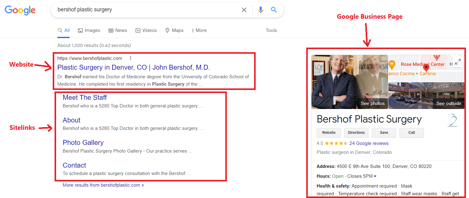 google business page and sitelinks for bershof plastic surgery