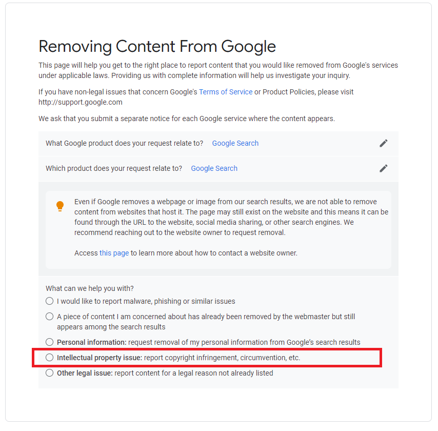 intellectual property issue - removing content from google