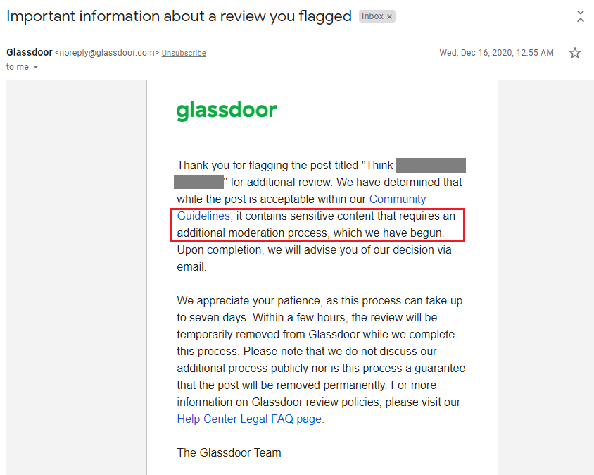 Glassdoor review removed for additional review