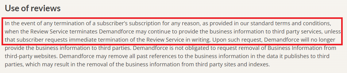 demandforce policy for profile and review removal