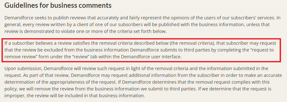 demandforce review removal policy