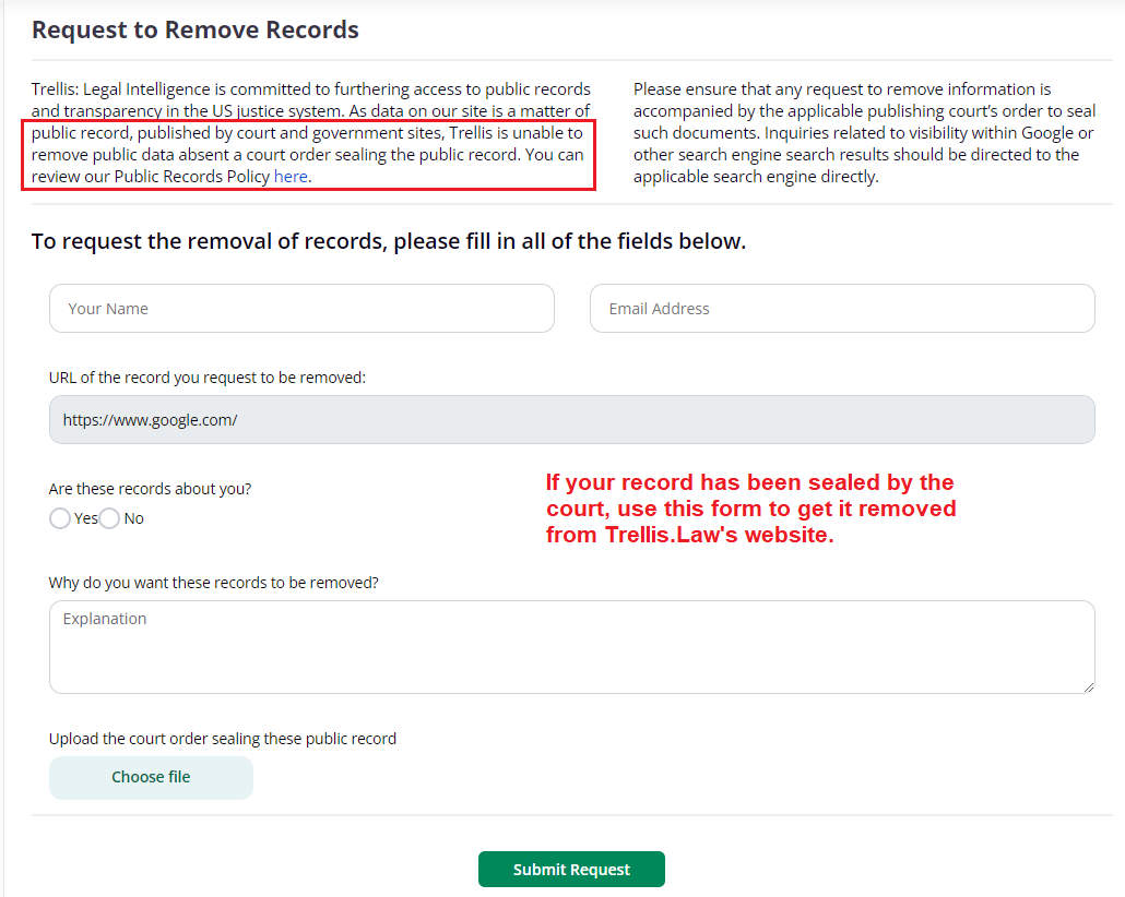 trellis law request to remove records