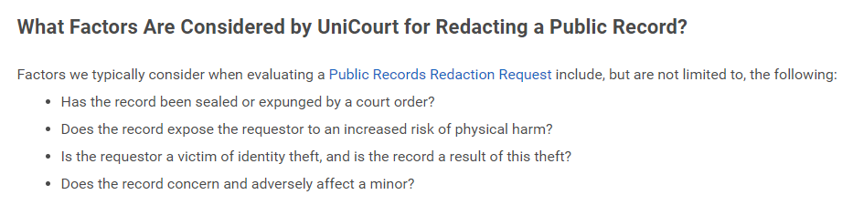 unicourt factors for redaction consideration