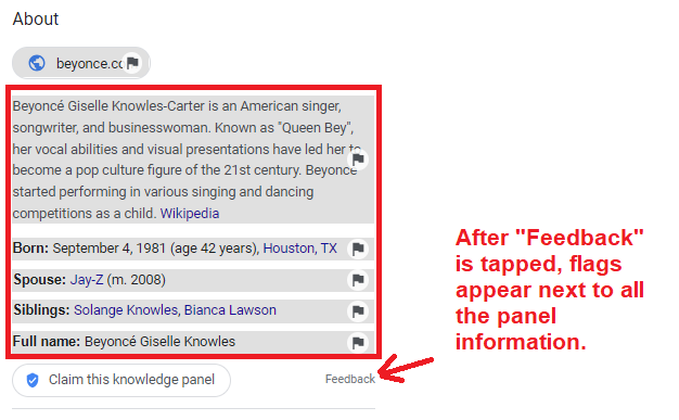 feedback on google knowledge panel