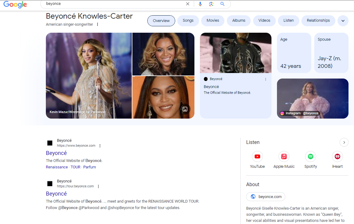 google knowledge panel for beyonce