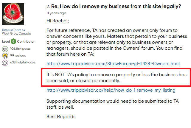 can business owner delete tripadvisor page