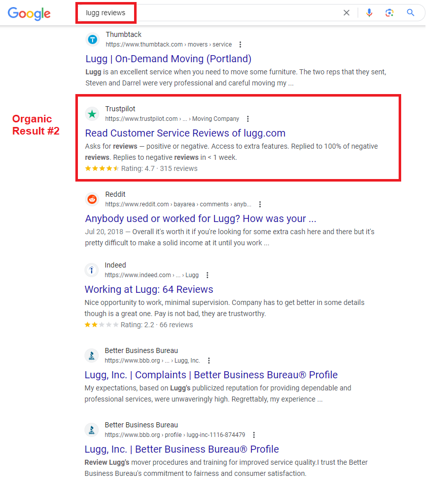 lugg reviews SERPs with trust pilot