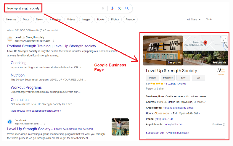 example of google business page for level up strength society