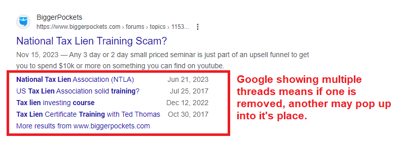 biggerpockets - google showing multiple threads in SERPs