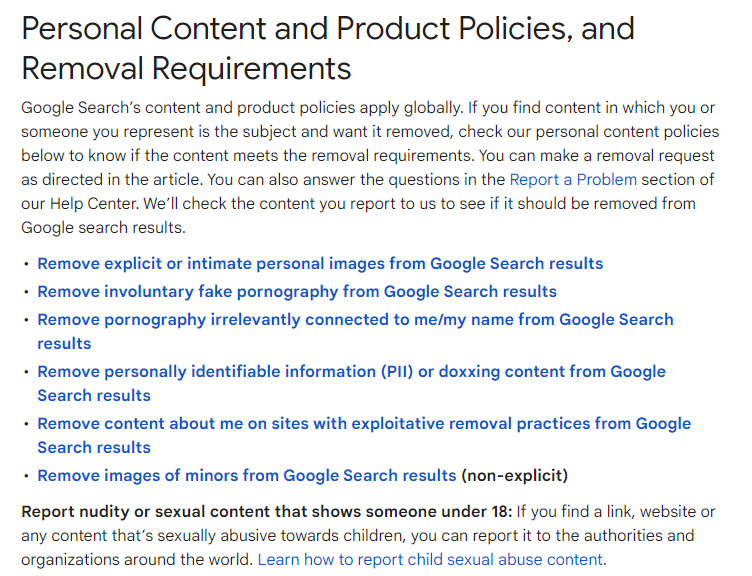 google personal content policies