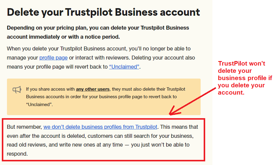 trustpilot does not delete business profiles