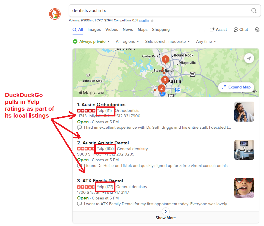 duckduckgo uses yelp ratings in local listings