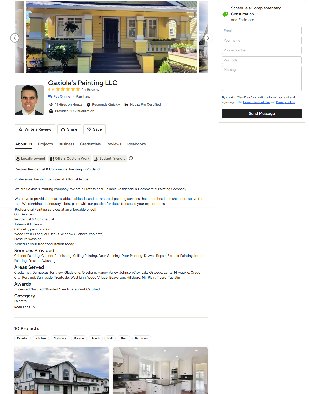 sample of contractor business profile on houzz
