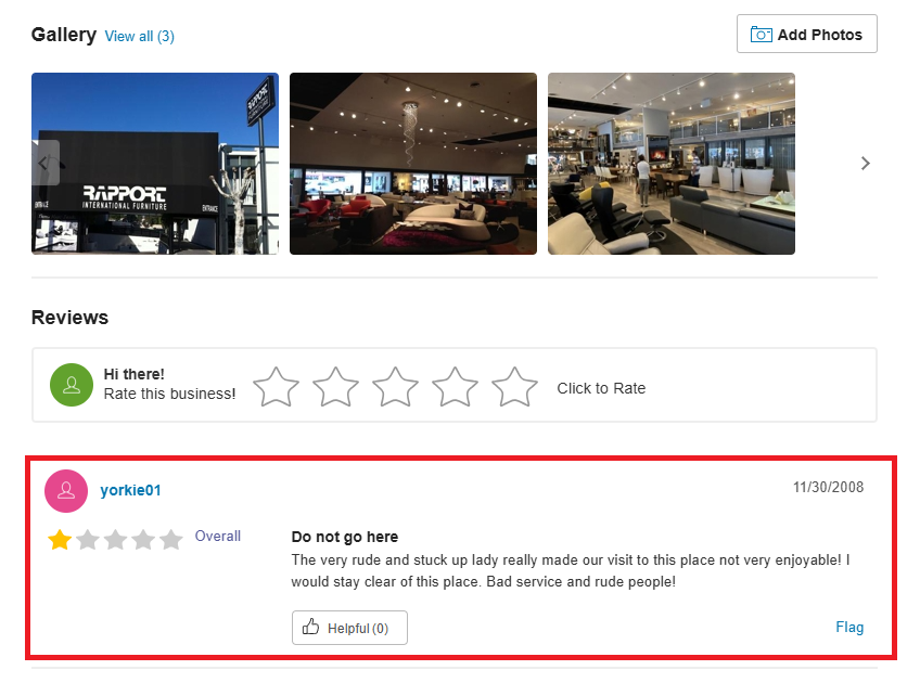 sample of 1-star yellowpages.com review - affordable reputation management