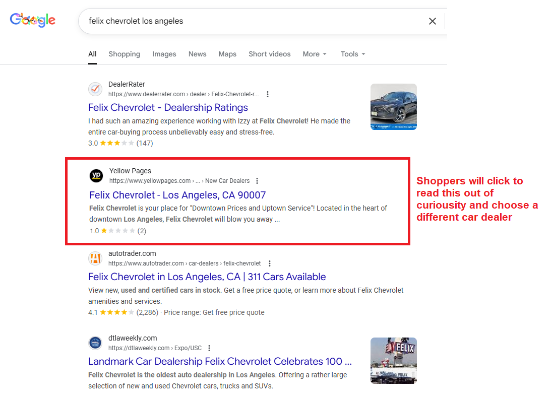 sample of bad yellowpages.com review in google search results