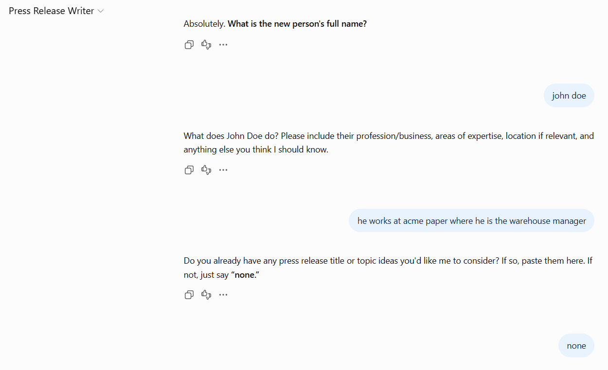 chatgpt press release writer example