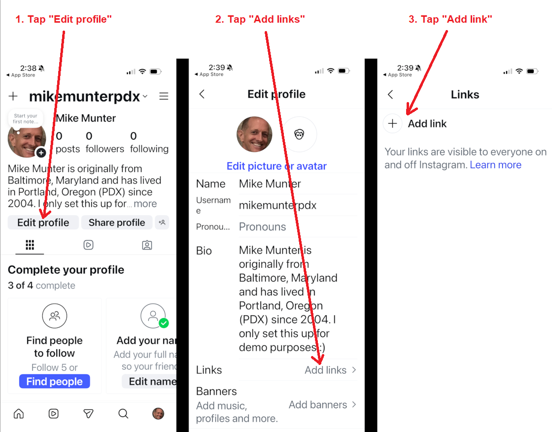 add website to instagram on mobile app - steps 1-3