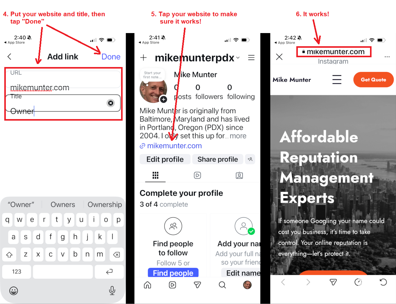 add website to instagram on mobile app - steps 4-6