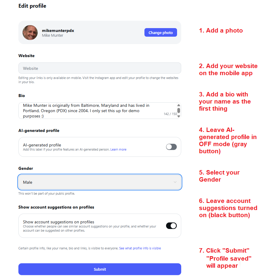 edit instagram profile on desktop