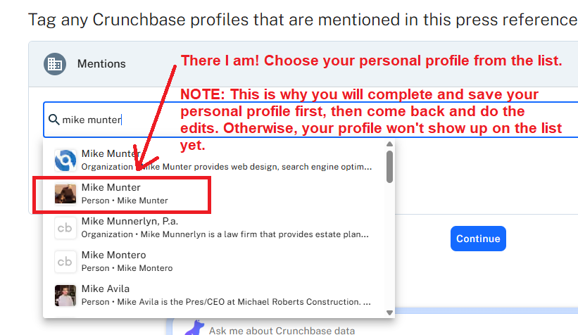 tag yourself on crunchbase profile